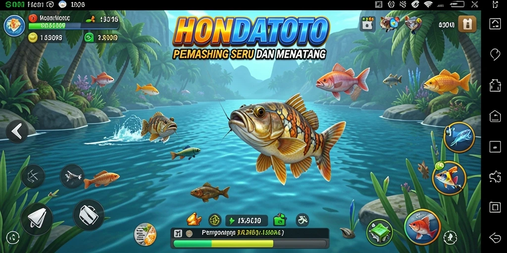 Tampilan gameplay HONDATOTO yang menawan saat memancing ikan.